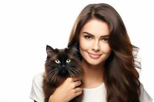 schön jung kaukasisch Brünette Frau kuschelt Französisch Katze auf Weiß Hintergrund ai generativ foto