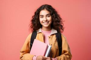 Vorderseite Aussicht jung weiblich Schüler mit Heft im ihr Hände ai generativ foto