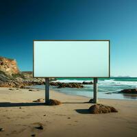 leer Plakatwand auf das Strand mit Meer im das Hintergrund zum Sozial Medien Post Größe ai generiert foto