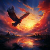 Sonnenuntergänge Traum Wolken gestalten ein abstrakt Vogel im das bunt Abend Himmel zum Sozial Medien Post Größe ai generiert foto