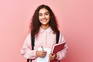 Vorderseite Aussicht jung weiblich Schüler mit Heft im ihr Hände ai generativ foto