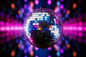 3d gerendert glänzend Disko Ball gegen beschwingt Neon- Licht Hintergrund ai generiert foto