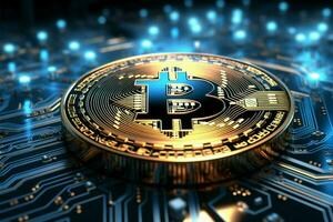 3d modelliert Bitcoin und Blockchain auf ein futuristisch Blau Hintergrund ai generiert foto