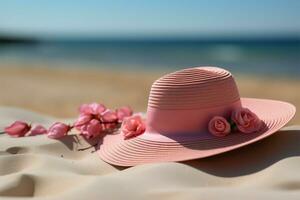 Strand gebunden Stil Rosa Stroh Hut auf sandig Ufer, perfekt zum Ferien ai generiert foto