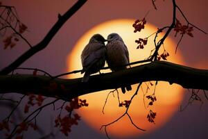 Lovebirds im Silhouette, thront auf ein Baum Zweig, Teilen Zuneigung ai generiert foto