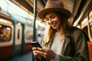 attraktiv Frau Reisender halten Telefon beim Eisenbahn oder Metro Bahnhof ai generativ foto