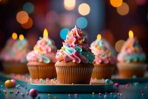 Geburtstag Cupcakes geschmückt mit beschwingt Luftballons, einstellen gegen ein verträumt Hintergrund ai generiert foto