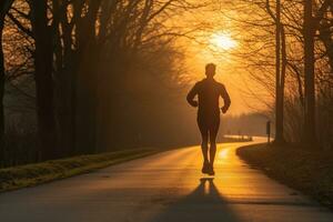 Silhouette von ein jung Fitness Mann Laufen auf Sonnenaufgang ai generativ foto