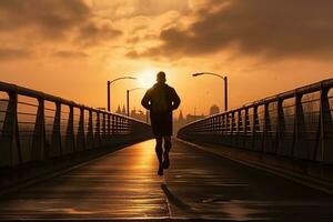 Silhouette von ein jung Fitness Mann Laufen auf Sonnenaufgang ai generativ foto