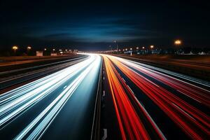 Autobahn mit Weiß Blau und rot Beleuchtungen beim Nacht, ai generativ foto