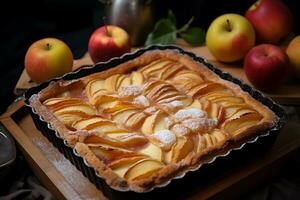 frisch gebacken Apfel Kuchen auf ein Backen Pfanne, ai generativ foto