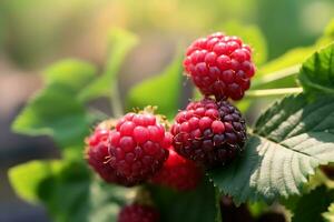 Nahansicht von reif Himbeeren auf ein verschwommen Hintergrund, ai generativ foto