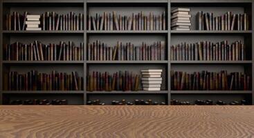 Tisch mit Bibliotheksregalen im Hintergrund foto