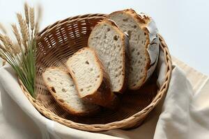 oben Aussicht von ein Korb mit Brot auf das Weiß Tisch, ai generativ foto