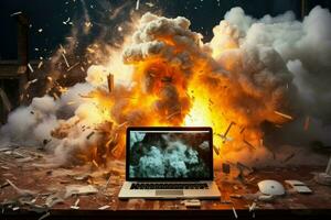 chaotisch Computer Desktop explodiert. generieren ai foto