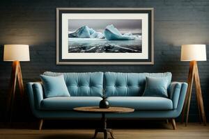 3d machen modern Blau Sofa mit Gemälde ai generativ foto