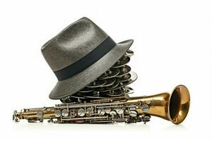 Musiker Hut mit Geld isoliert auf Weiß mit Trompete. generieren ai foto