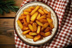 hausgemacht gebraten Kartoffel auf Teller Sackleinen oben Sicht. generieren ai foto