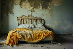 Bett verfaulen im alt Zimmer Haus mit schmutzig Mauer. generieren ai foto