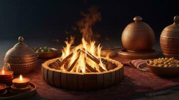 Januar 13, lohri, ein Feuer ist Verbrennung, ein heilig Lagerfeuer, traditionell Leckereien foto