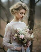 Braut halten Strauß von Blumen auf ihr Hochzeit Tag.. generativ ai foto
