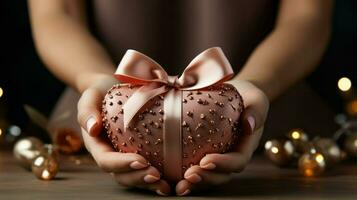 Nahansicht von Hände präsentieren ein herzförmig Geschenk Kasten, symbolisieren geben von das Herz.. generativ ai foto