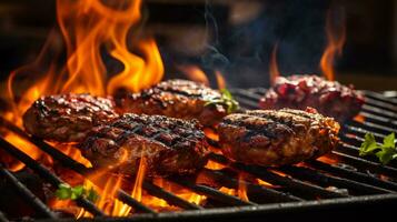 ai generativ. gegrillt Rindfleisch Steaks auf das Grill mit Flammen und Rauch. foto