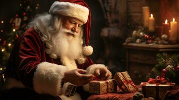 ai generativ. Santa claus Verpackung ein Geschenk Kasten. Weihnachten und Neu Jahr Konzept. foto