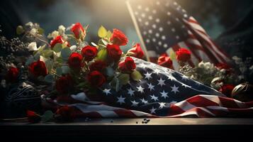 ai generativ. amerikanisch Flagge und Rosen auf ein Grab beim Sonnenuntergang. Denkmal Tag Konzept. foto