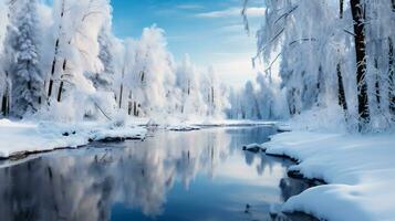 ai generativ. schön Winter Landschaft mit Schnee bedeckt Bäume foto