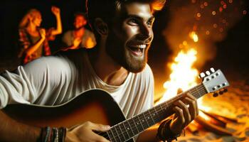 Nahansicht von ein Mann mit ein Messe Teint und ein Bart, begeistert klimpern ein Gitarre beim ein Strand Lagerfeuer. generativ ai foto
