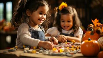 ai generativ. glücklich Kinder spielen mit Herbst Dekoration beim heim. Sie sind Sitzung beim hölzern Tabelle und lächelnd foto