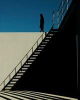 ein anmutig Abstieg, Schatten streicheln ihr Figur, wie sie gleitet Nieder das Treppe, gerahmt durch ein minimalistisch Mauer. generativ ai foto