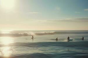 Surfer Tafel Sommer- Ozean Schwimmen beim Morgen. generieren ai foto