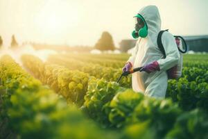 Farmer Arbeiter im Schutz Ausrüstung Sprühen Getreide. generieren ai foto