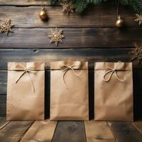 ai generativ. Weihnachten Einkaufen Taschen auf hölzern Tabelle im Vorderseite von Weihnachten Baum foto