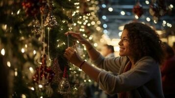 ai generativ. Porträt von glücklich jung Frau dekorieren Weihnachten Baum beim Markt im Abend foto