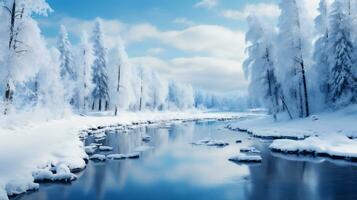 ai generativ. schön Winter Landschaft mit Schnee bedeckt Bäume foto