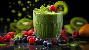 ai generativ. Grün Smoothie mit Kiwi, Himbeeren und Blaubeeren auf schwarz Hintergrund foto