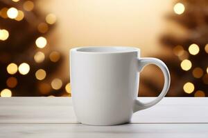 ai generativ. Tasse von Kaffee auf Tabelle gegen verschwommen Weihnachten Beleuchtung, Nahansicht foto