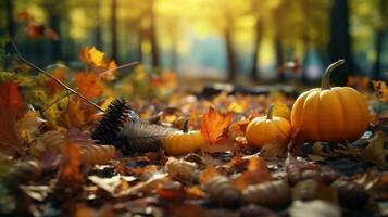 ai generativ. Herbst immer noch Leben mit Kürbisse, Blätter auf ein verschwommen Hintergrund foto