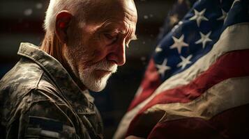 ai generativ. Porträt von Senior Soldat mit amerikanisch Flagge im das Hintergrund. foto