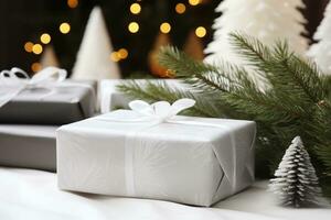 ai generativ. Weihnachten Geschenk Box mit Tanne Baum Geäst auf verschwommen Bokeh Hintergrund foto