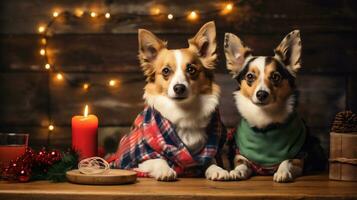 ai generativ. zwei süß Walisisch Corgi Pembroke Hunde im Plaid Kleider auf hölzern Hintergrund mit Weihnachten Beleuchtung. foto