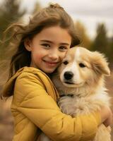 wenig Mädchen umarmen ihr Hund und lächelnd im ein Feld. generativ ai foto