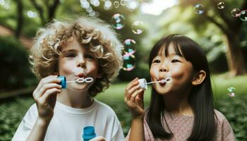 ein Nahansicht Schuss von zwei Kinder, einer von europäisch Abstammung mit lockig Haar und einer von Süd-Ost asiatisch Abstammung mit Gerade Haar, weht Blase. generativ ai foto