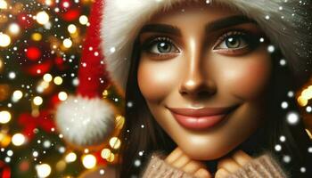 Nahansicht Schuss von ein Frau Gesicht beleuchtet durch das Sanft glühen von Weihnachten Beleuchtung. sie trägt ein festlich Hut und ihr Augen funkeln mit Freude. generativ ai foto