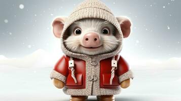 süß Weiß Schwein im ein Jacke und Kapuze im das schneebedeckt Winter zum das Weihnachten und Neu Jahr Urlaub foto