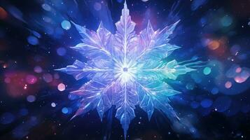 groß gefroren Kristall Schneeflocke Blau lila Hintergrund. generativ ai foto