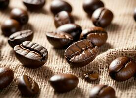 Foto von das Kaffee Bohnen auf das Leinen- Stoff ai generativ